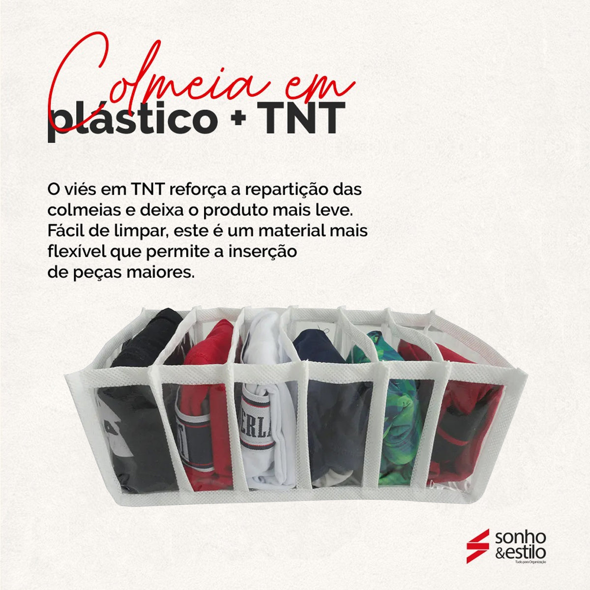 Kit 6 Colmeias Organizadoras Transparente de Cuecas com 6 Divisórias em Plástico TNT Branco