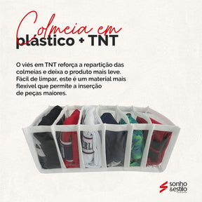 Kit 6 Colmeias Organizadoras Transparente de Cuecas com 6 Divisórias em Plástico TNT Branco